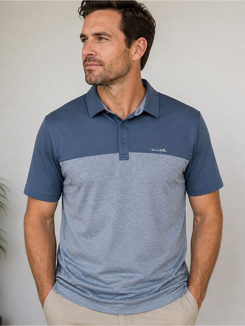 TravisMathew Men’s XXL Blue Gray Colorblock Performance Polo Shirt Pima Cotton
